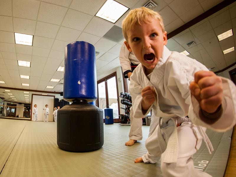 martial arts youth student of perhaps six years of age strikes a punch to the air and intently calls up his chi